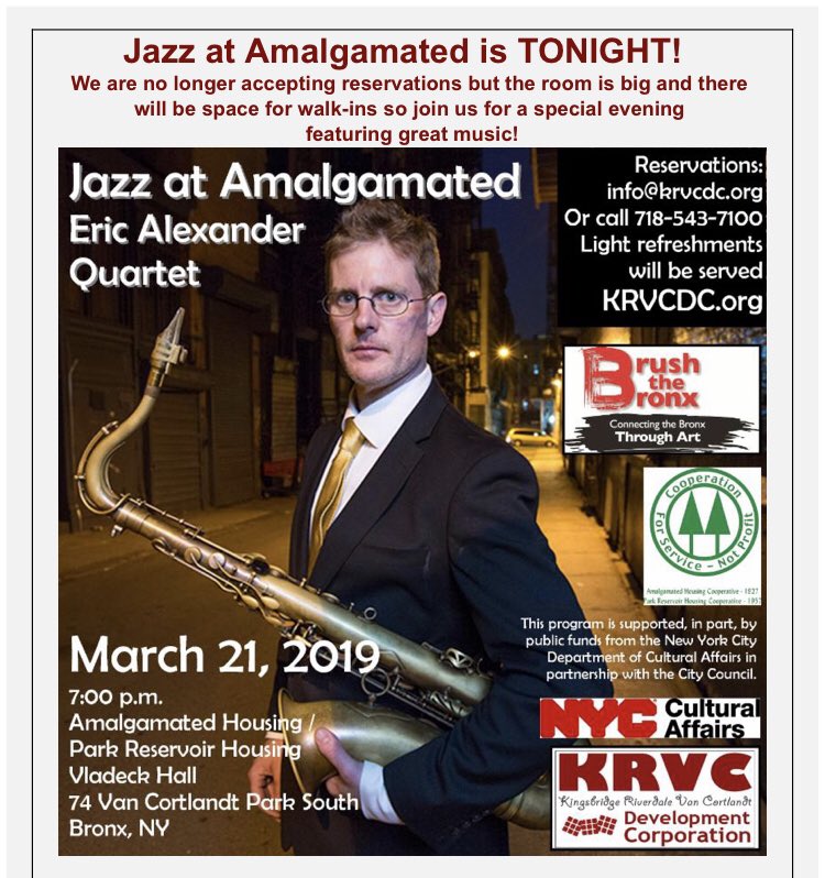 KrvcBronx's tweet photo. We bring back the #jazz tonight, at Amalgamated, 74 #VanCortladt Park South...join us! https://t.co/4mKqgUw9vn