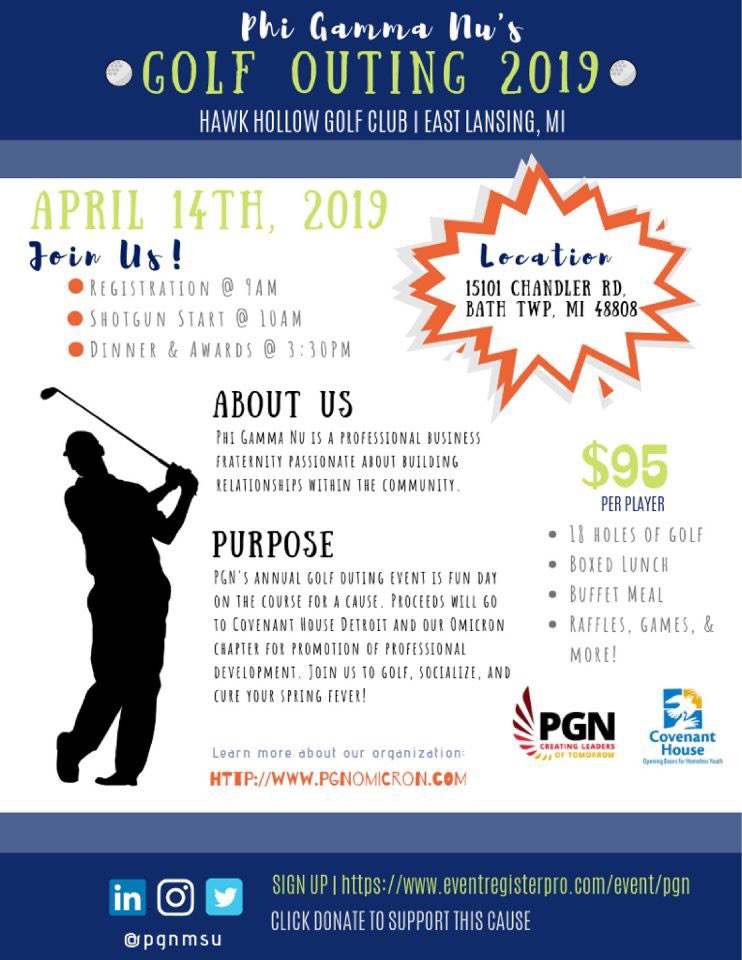 pgnMSU's tweet photo. Our annual golf outing is almost here! Make sure to sign up to have some fun! ⛳️ https://t.co/xSrOPcwFrf