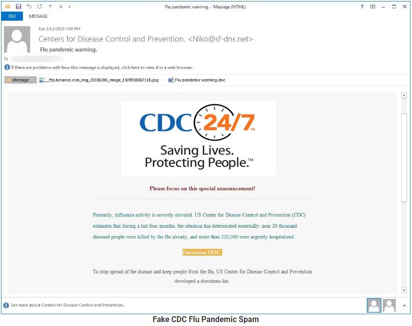 Totocellux's tweet photo. CDC #FakeEmails Warning Of Flu Pandemic Push #Ransomware - https://t.co/Nd1Hy167F4 @LawrenceAbrams @dvk01uk via @BleepinComputer
โก๏ธ
#MalSpam
#CyberRisks
#CyberThreats
#InfoSec
#Malware
#GandCrab
#CyberAttacks
#Emails
#EmailAttachment
#Phishing
#WordDocument
#CyberSecurity https://t.co/XVvYfModJN
