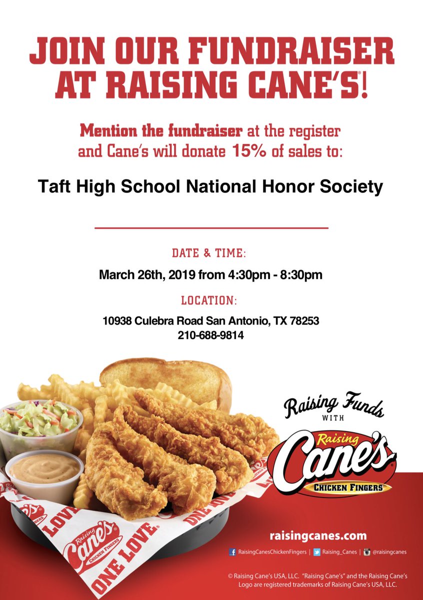 TaftNHS's tweet photo. We will be having an NHS Fundraiser at Cane’s next Tuesday. Please come out to support us! #TaftNHS #RaiderPride https://t.co/5Pze3CdNZT
