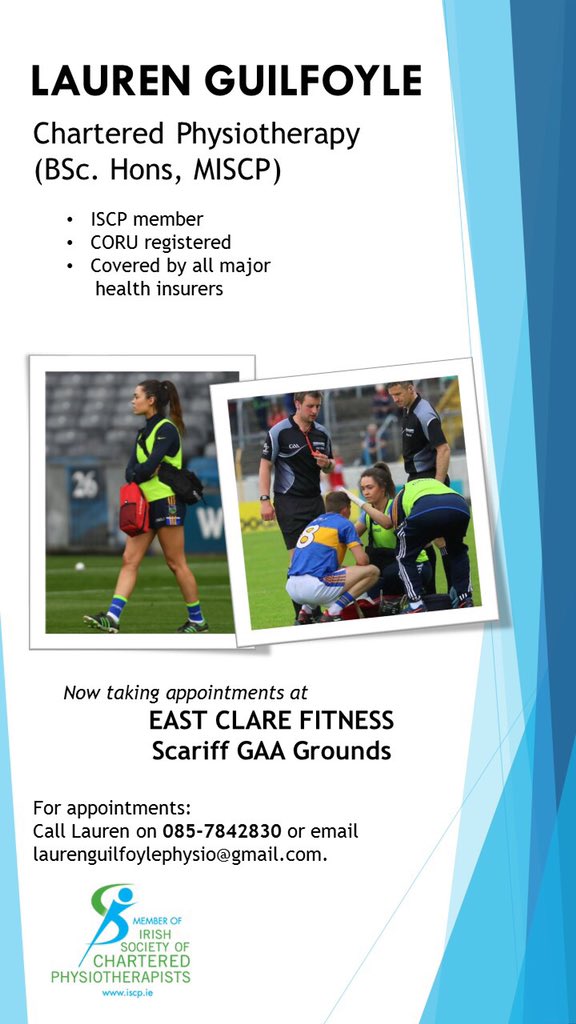 So I’ve some exciting news to share 🙂

I will be taking limited physiotherapy appointments from the newly opened East Clare Fitness gym based in <a href="/Scariff/">Scariff GAA</a> GAA - with access to both astro &amp; gym facilities for rehab.

I’d really appreciate a RT or throw it into your club WhatsApp!