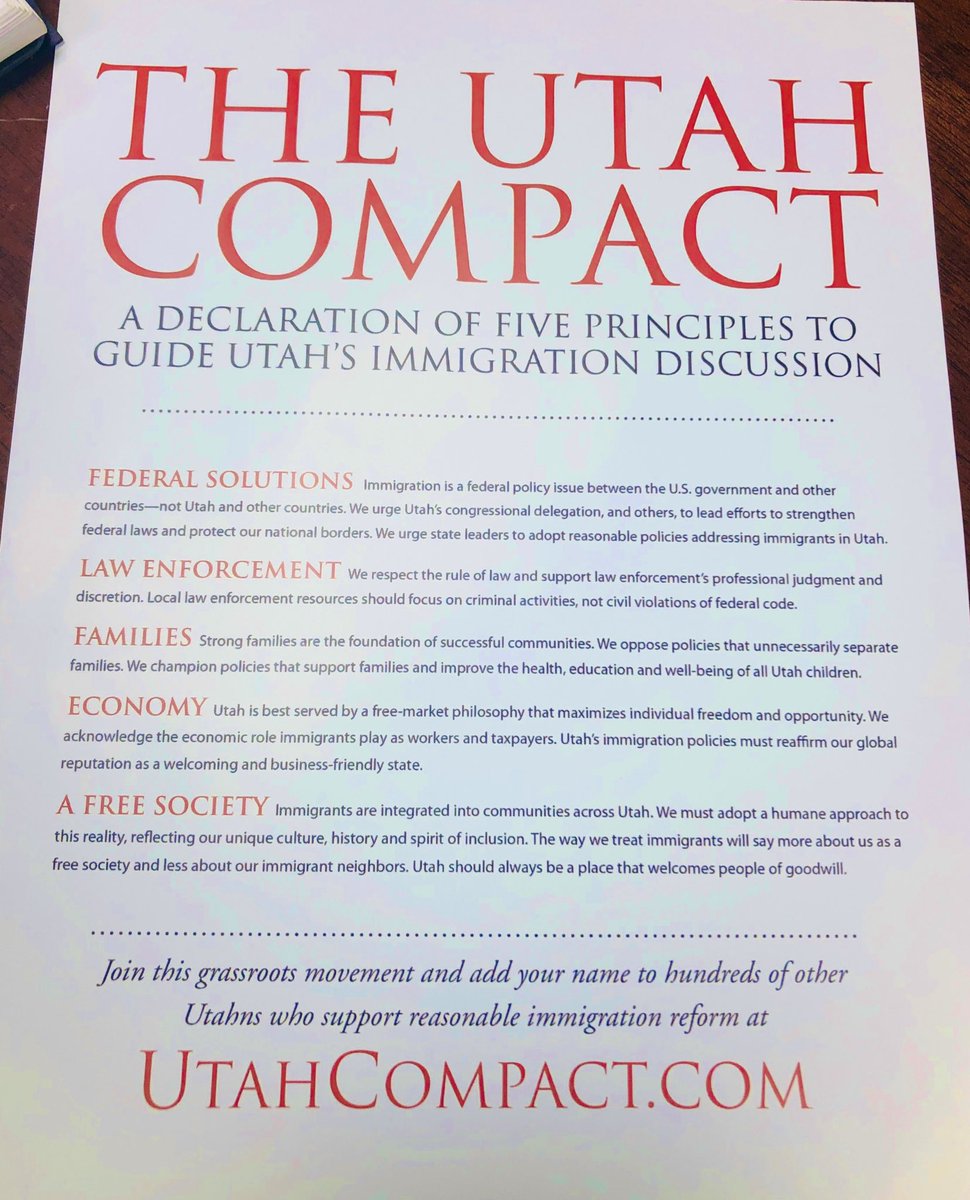 ChiefMikeBrown's tweet photo. Today, I joined civic leaders from the @saltlakechamber, @Diocese_of_SLC, @uwsl, and others, to sign the #UtahCompact. The compact is a declaration of five principles to guide Utah’s #immigration discussion: Federal Solutions, #LawEnforcement, #Families, Economy, a Free Society. https://t.co/WMz9Qpik4Z
