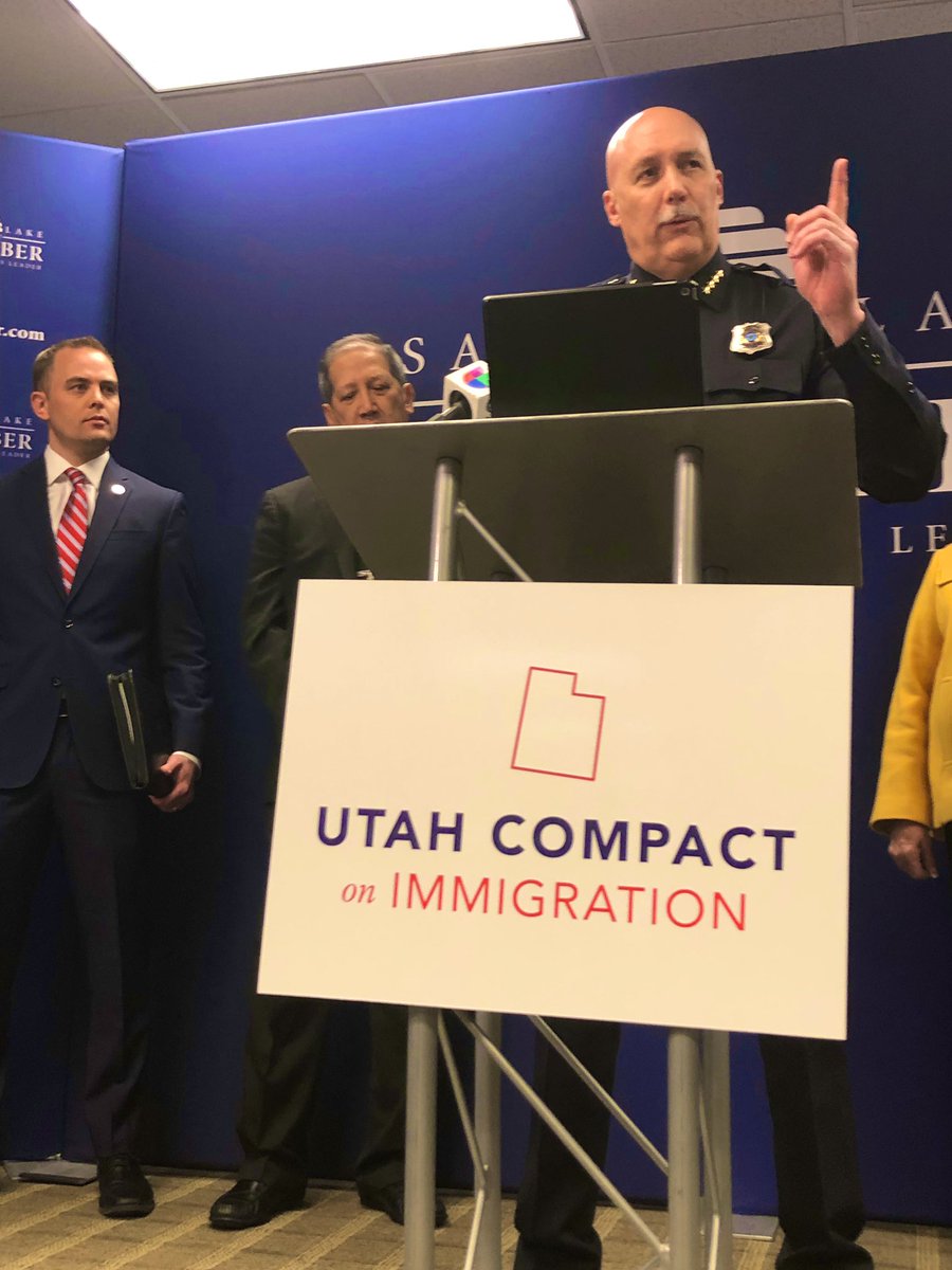 ChiefMikeBrown's tweet photo. Today, I joined civic leaders from the @saltlakechamber, @Diocese_of_SLC, @uwsl, and others, to sign the #UtahCompact. The compact is a declaration of five principles to guide Utah’s #immigration discussion: Federal Solutions, #LawEnforcement, #Families, Economy, a Free Society. https://t.co/WMz9Qpik4Z