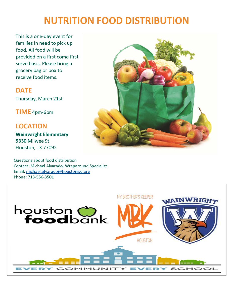 MBKHouston's tweet photo. Today Only! Pop-up Food Pantry for families at Wainwright Elem. from 4-6pm. Be sure to bring bags or a box to help bring home the bread to loved ones. Produce by @HoustonFoodBank #MBKnation #EndHunger #FoodInsecurities #FoodDeserts https://t.co/RGxftwzo1u