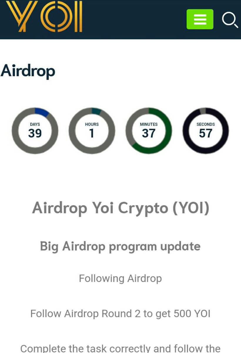 Airdrop Yoi Crypto (YOI) Big Airdrop program update Follow Airdrop Round 2 to get 500 $YOI Complete the task correctly and follow the instructions well yoicrypto.co/airdrop/ Start airdrop 21-03-2019 finished airdrop 30-04-2019 #airdrop #bitcoin #giveaway #bountyhunters