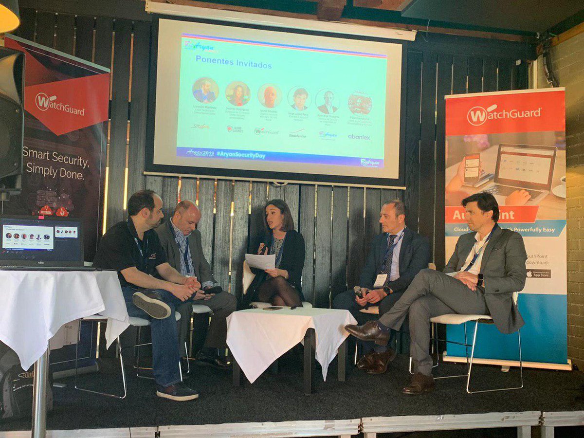 Securizame's tweet photo. ¡Ya estamos en el #AryanSecurityDay! Hemos tenido una interesante mesa redonda con @lawwait (Securízame), @Drodriguezleal, (@GlobbSecurity), Javier Montes (Iberia), @laolandme (@Bitdefender ), Juan Jose Roncero (@Aryan_VAD) @WatchGuardSpain #ciberseguridad #evento https://t.co/HNqDsUZoXO