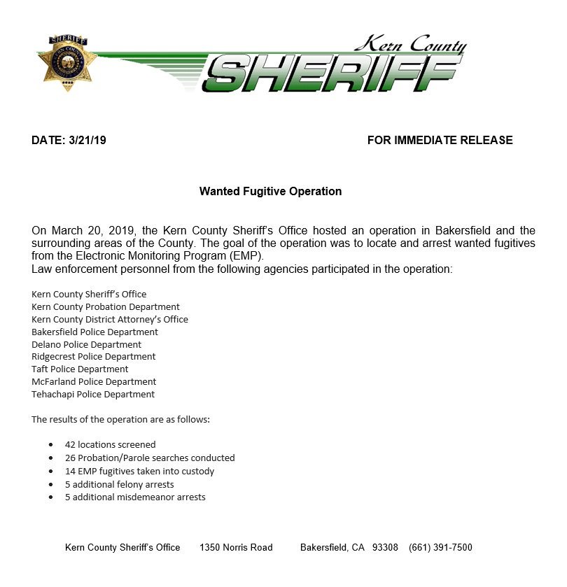 Press release on an Operation looking for wanted fugitives in Kern County.