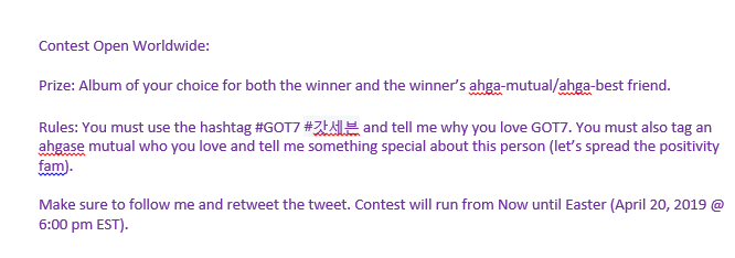 RebekahLPurdy's tweet photo. ****Contest OPEN WORLDWIDE****  A chance to win a #GOT7 @GOT7Official album of your choice for yourself and your best/favorite ahgase mutual! Lets spread the love. See Rules below on how to enter: https://t.co/dYOmRDJZoE