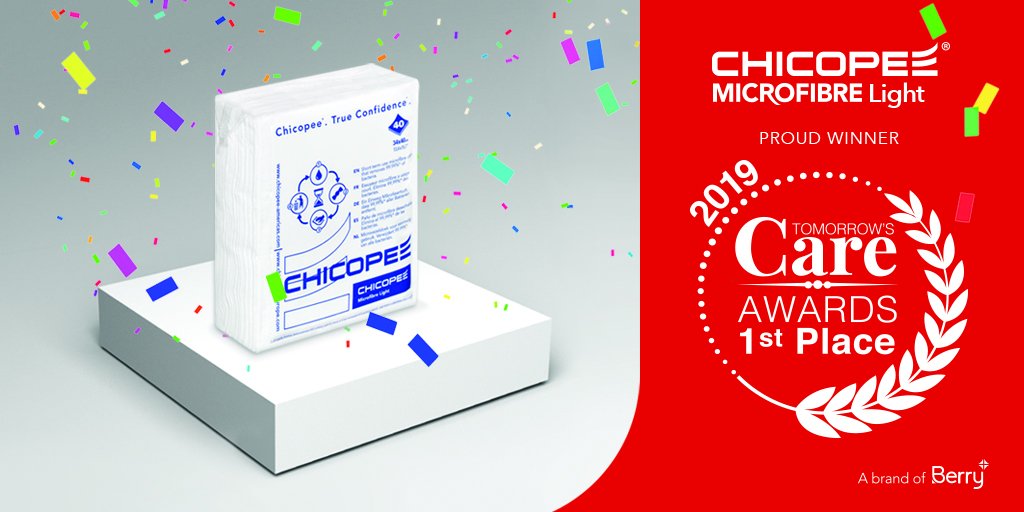 Chicopee_Europe's tweet photo. We are extremely proud to have won the @TomorrowsCare Award 2019, for our MicroFibre Light Cloth from Berry Global. Thank you to everyone that voted for us, helping us win first place! https://t.co/21oSrqAJ2t