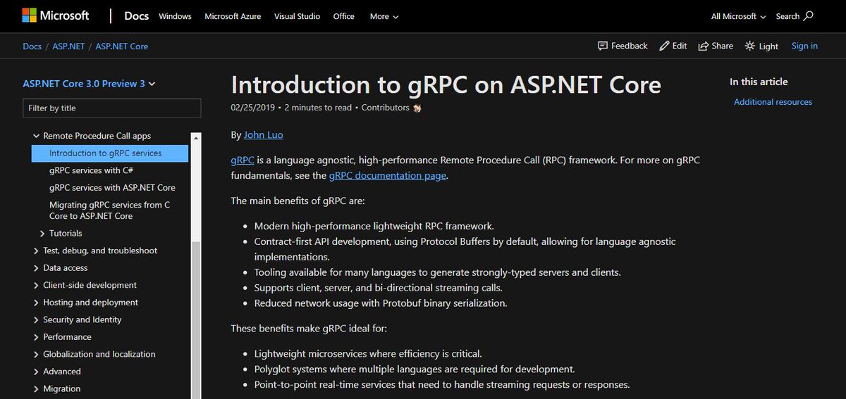 JamesNK's tweet image. gRPC on #aspnetcore docs are live on @docsmsft!

Check it: docs.microsoft.com/en-us/aspnet/c…
