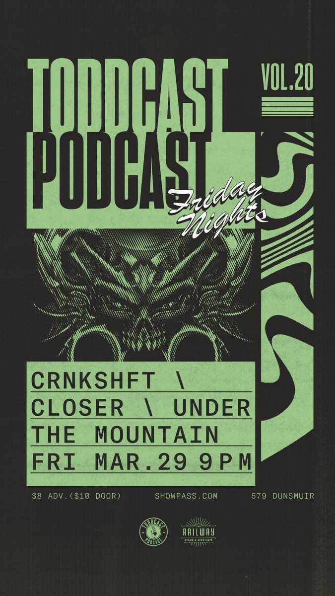 Come party at #Podcast Friday Nights Vol.20 March 29 9PM <a href="/railwaySBC/">Railway Beer Café</a> w/ <a href="/crnkshftband/">CRNKSHFT</a> <a href="/closer_bc/">Closer</a> &amp; <a href="/UnderTMountain/">Under the Mountain</a>

$8 in advance showpass.com/crnkshft-close…