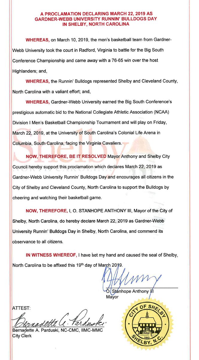 gardnerwebb's tweet photo. Mayor Anthony and Shelby City Council
North Carolina declares March 22, 2019 as Gardner-Webb University Runnin' Bulldogs Day! ➡️Show us your GWU pride using #️⃣#UnleashTheDawgs https://t.co/mDnp0irV0d