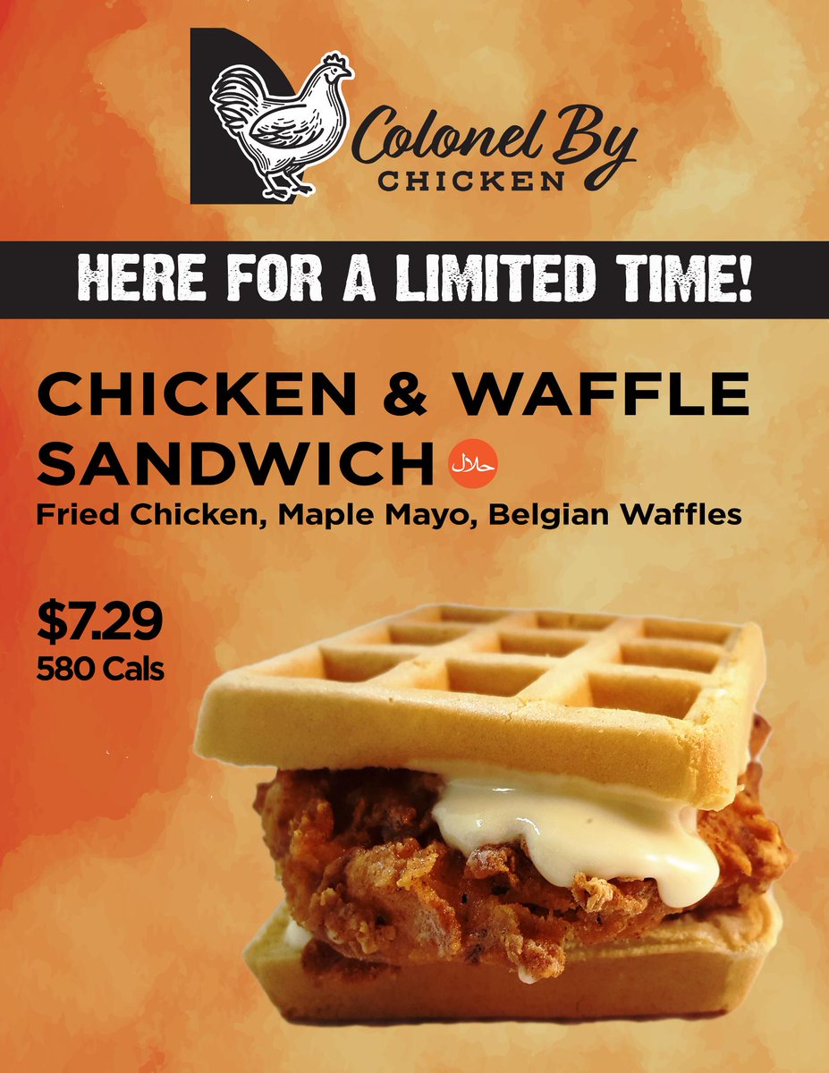 CarletonDining's tweet photo. Did you miss out on the free samples!? ☹ No worries join us tomorrow at 11:30 to try the new Chicken and Waffle sandwich from Colonel By Chicken! 🐔 We will be at the Food Court while supplies last! https://t.co/3ycShe4T4X