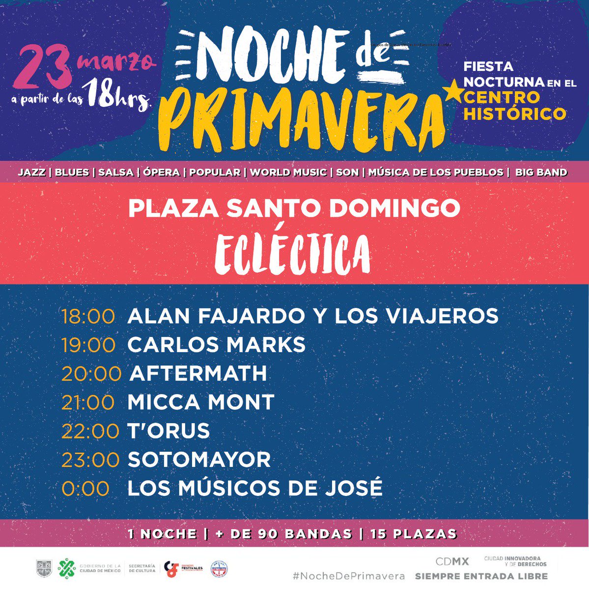 Música Ecléctica en #CDMX este sábado 23 de marzo para recibir la #Primavera. Alan Fajardo y Los Viajeros, <a href="/loscarlosmarks/">Carlos Marks</a>, Aftermath, <a href="/miccamont/">Micca Mont</a> <a href="/torusband/">Torus</a> <a href="/sotomayormusic/">🦕 SOTOMAYOR</a> y <a href="/musicosdejose/">Los Músicos de José</a> ambientarán Plaza Santo Domingo bit.ly/2Xl0WC5 <a href="/CulturaCiudadMx/">Secretaría de Cultura de la Ciudad de México</a> <a href="/GFestivalesCDMX/">Grandes Festivales de la Ciudad de México</a>