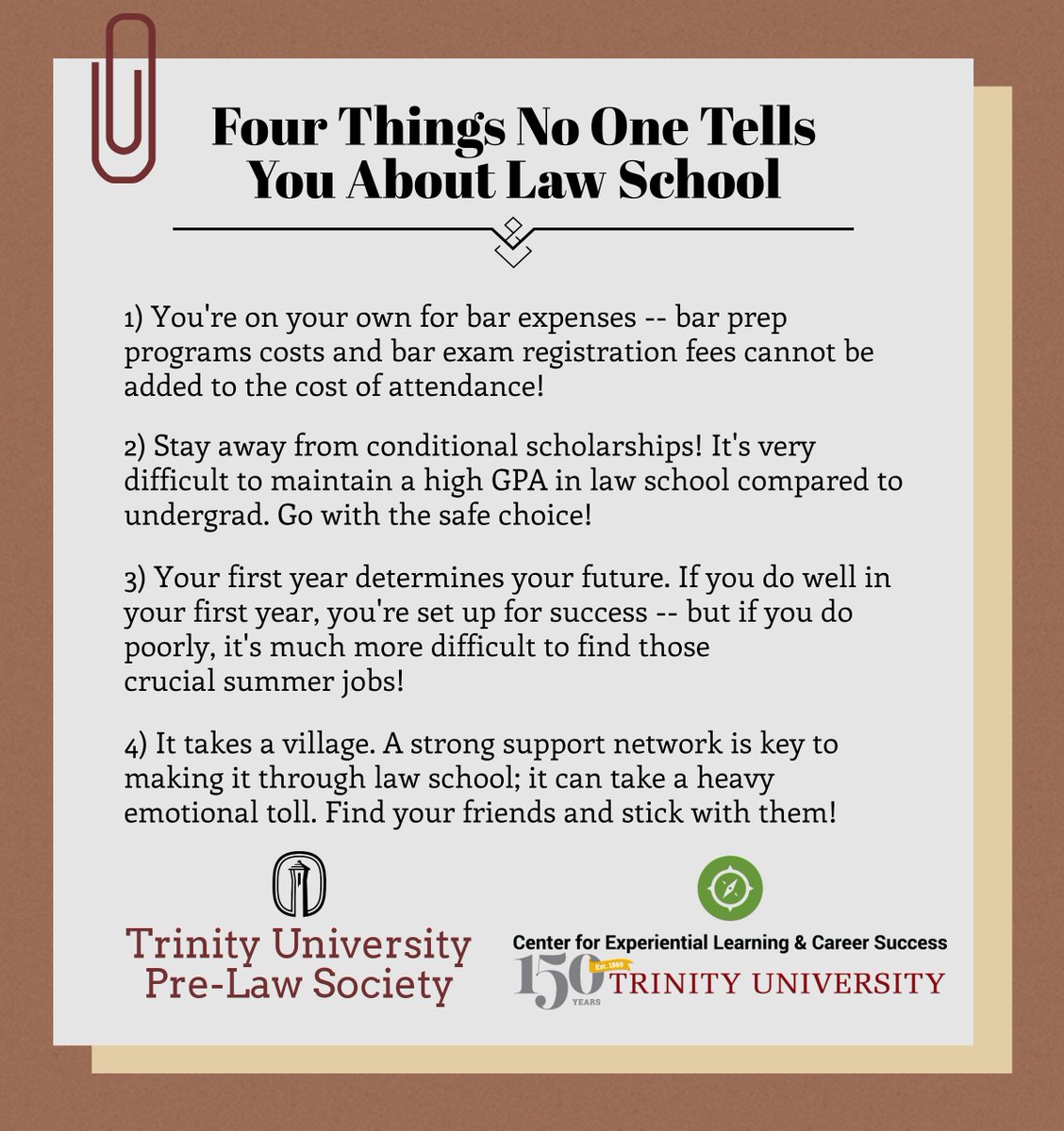 TrinityCELCS's tweet photo. Going to law school is a great career move, but it isn't always sunshine and roses. Here are four things no one tells you about going to law school, according to the National Jurist: https://t.co/Hqlyz8m0Hn @trinityprelaw https://t.co/H5Jeuwyk6s