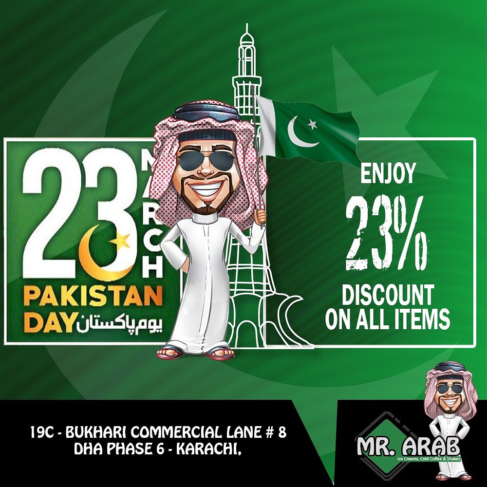MrArabCafe's tweet photo. Eat all you can.
Pakistan Day Celebrations 23% Off on all Menu. 

Enjoy with Mr. Arab
#PakistanDay #MrArab #Karachi #DHA https://t.co/XIiYMmxYDp