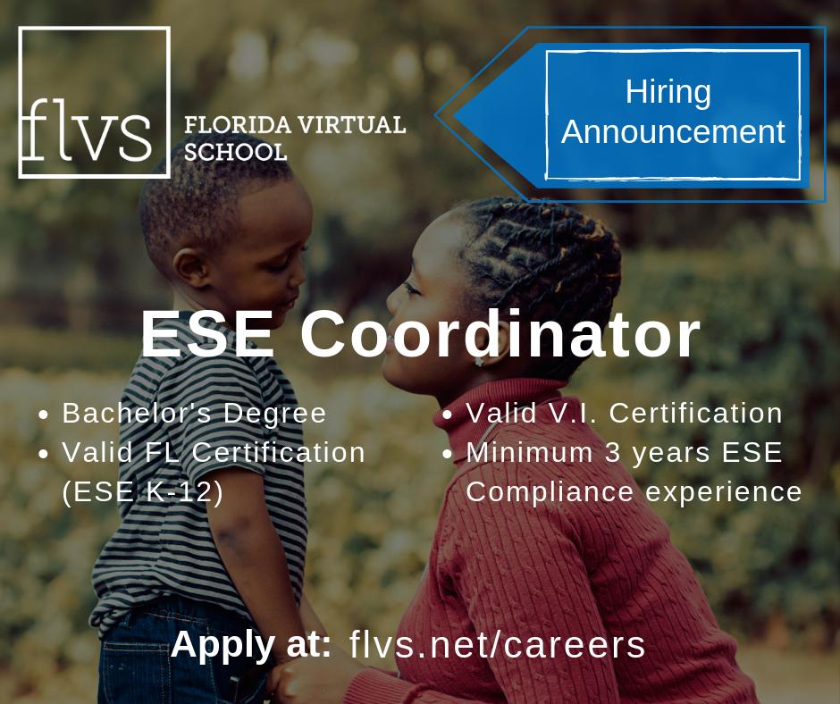 Florida Virtual School is dedicated to providing personalized learning for all of our students!  We are seeking an ESE Coordinator to join our team on this mission.
Learn more and apply at flvs.net/careers
.
.
#ESEflorida #eseinstructors #virtualschool #virtualinstructor