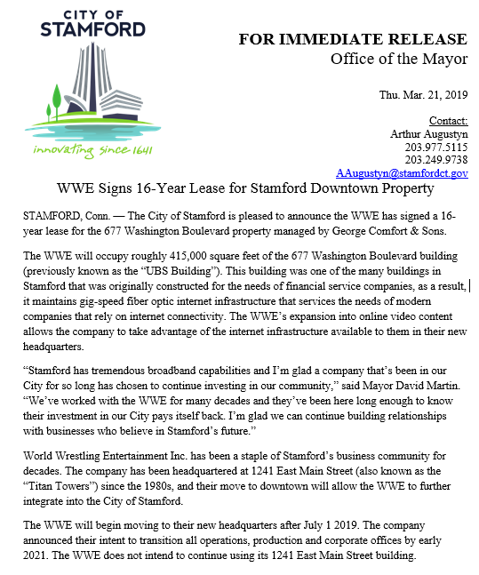 CityofStamford's tweet photo. We're thrilled the @WWE has signed a 16-year lease to move to Stamford's downtown. Our City has worked with the WWE for decades and we're happy they've chosen to continue investing in Stamford's future.

@WWEPR https://t.co/df9s0lLZnA