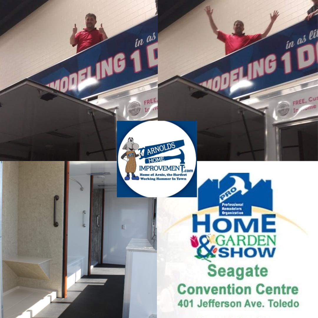 Mr. Arnold prepping our beautiful bath trailer for the PRO Home &amp; Garden show this weekend! Make sure you check it out this weekend! Don't forget to sign up to win $12,000 Home Improvements! #contest #roofer #bathrooms