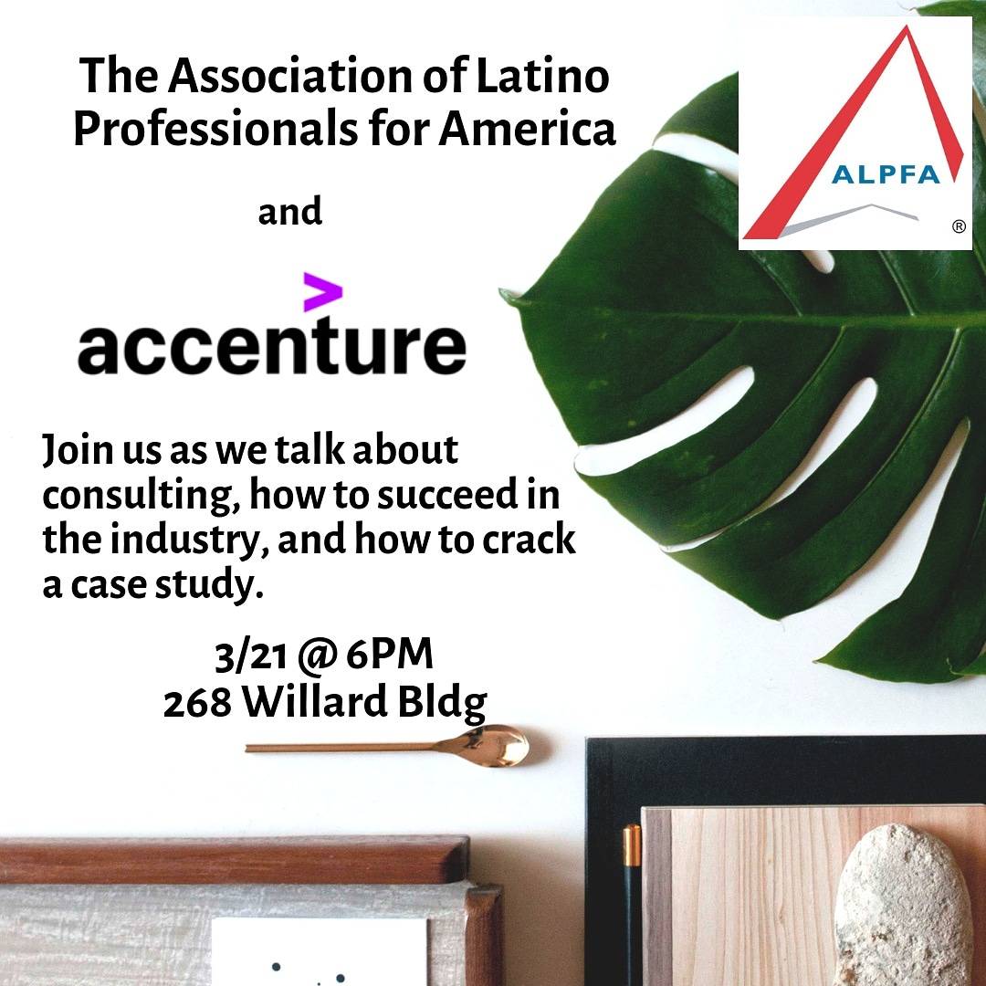 ALPFAPennState's tweet image. Hello ALPFAmilia! Just a quick reminder that we&apos;ll be having an info session TONIGHT with Accenture. Our former PR chair will be joining us to talk about his experience with the company and the skills he developed to succeed in the consulting industry. Food will be provided.