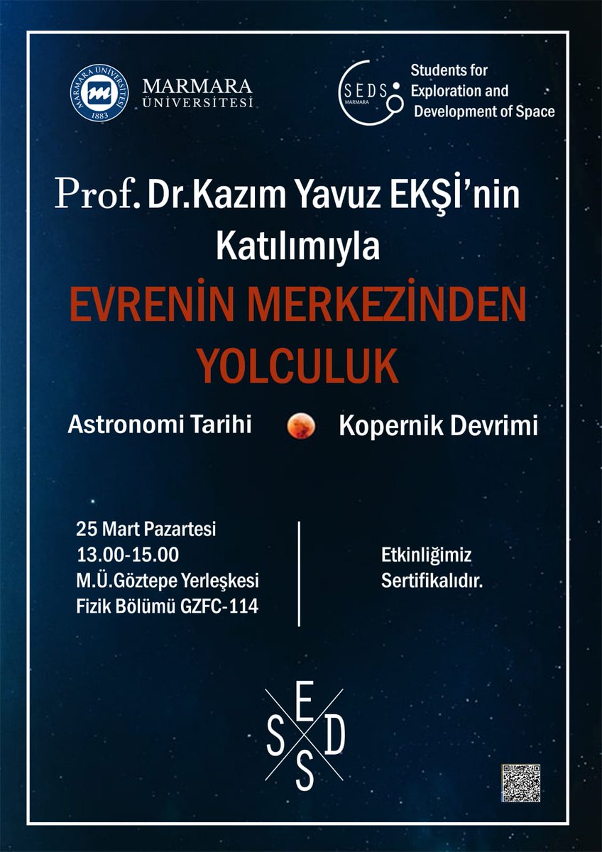 25 Mart Pazartesi günü saat 13.00'da Prof.Dr.Kazım Yavuz Ekşi'nin  katılımıyla gerçekleştireceğimiz konferansımıza herkes davetlidir ! 🔭