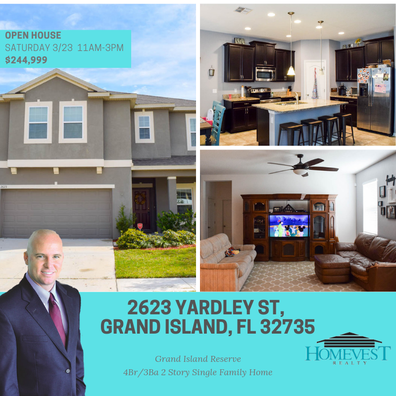 BryanBlakeTeam's tweet photo. Open House Saturday 3/23 from 11:am-3:pm;  2623 YARDLEY ST, GRAND ISLAND, FL 32735.  4BR/3BA/2Car Ga/2625sqft.  Updates throughout, a must see! #realestate #openhouse #grandislandhomeforsale https://t.co/ruEnzZh6mX