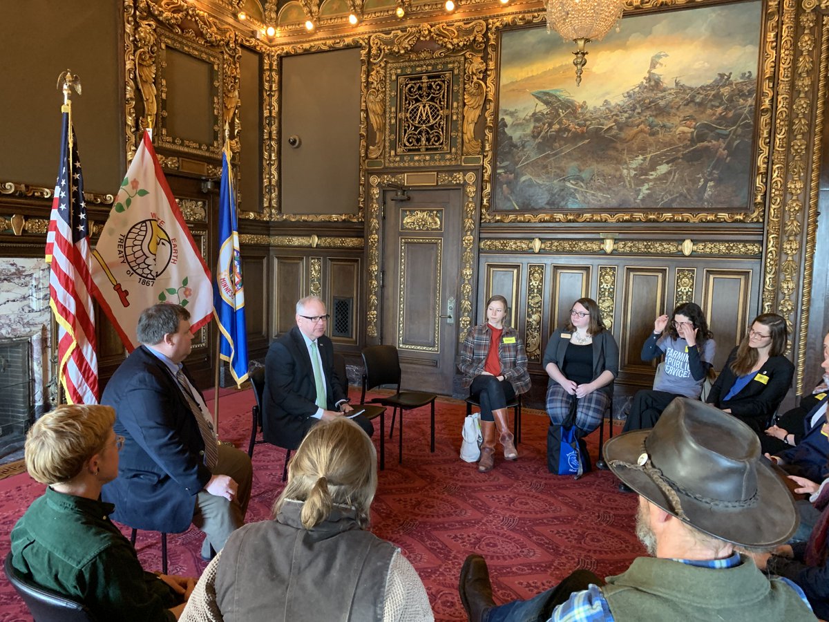 MNagriculture's tweet photo. This morning @GovTimWalz and Commissioner @ThommyPetersen had the opportunity to sit down with members of the Central MN Young Farmers Coalition for their Day on the Hill. Great to see farmers coming to St. Paul to make their voices heard. #MNAg @cmnyfc https://t.co/wjG2fdC1XH