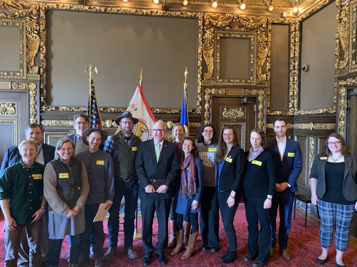 MNagriculture's tweet photo. This morning @GovTimWalz and Commissioner @ThommyPetersen had the opportunity to sit down with members of the Central MN Young Farmers Coalition for their Day on the Hill. Great to see farmers coming to St. Paul to make their voices heard. #MNAg @cmnyfc https://t.co/wjG2fdC1XH