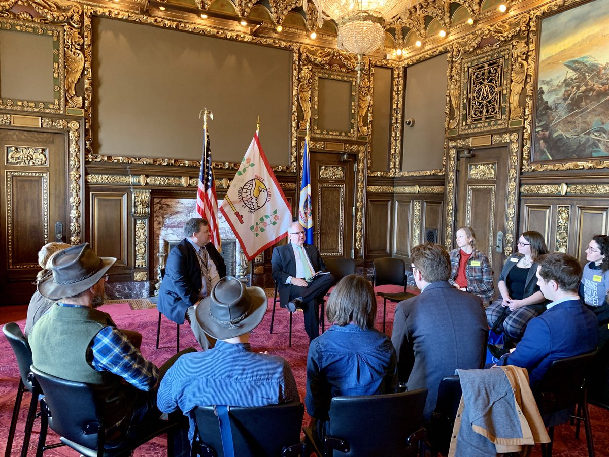 MNagriculture's tweet photo. This morning @GovTimWalz and Commissioner @ThommyPetersen had the opportunity to sit down with members of the Central MN Young Farmers Coalition for their Day on the Hill. Great to see farmers coming to St. Paul to make their voices heard. #MNAg @cmnyfc https://t.co/wjG2fdC1XH