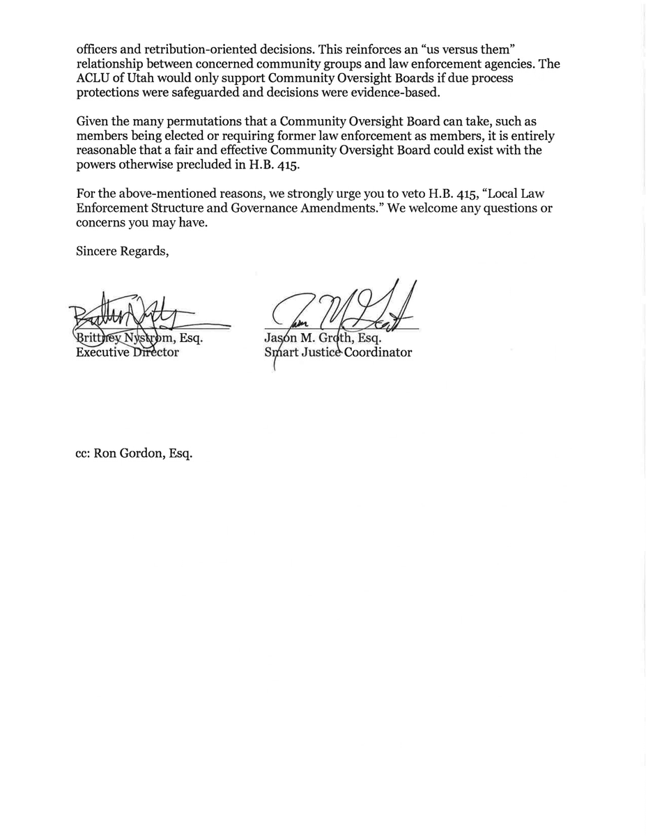 SmartJusticeUT's tweet photo. We sent a letter to @GovHerbert urging him to veto #HB415, a bill that "reinforces an 'us versus them' relationship between concerned community groups and law enforcement agencies." #smartjustice #utleg #utpol @blcklvsmatut @realUAPB @RJU801 @utahprisoner @KRCLradio @acluutah https://t.co/jFMAFzGJaA