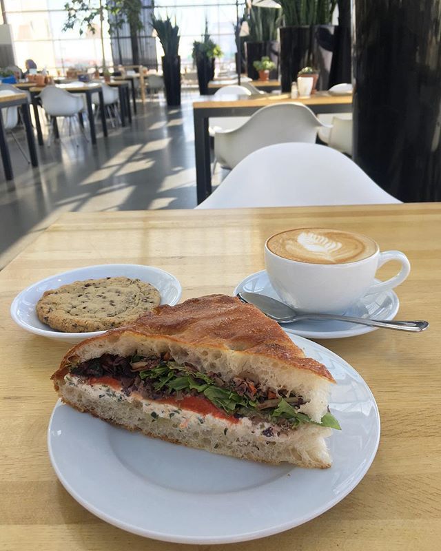 Our vegetarian grab-n-go sandwich has honey whipped goat cheese, olive tapenade, roasted red pepper, water cress, on house-made focaccia. Goes well with a cappuccino and chocolate chips cookie! ift.tt/2Tn7MUn