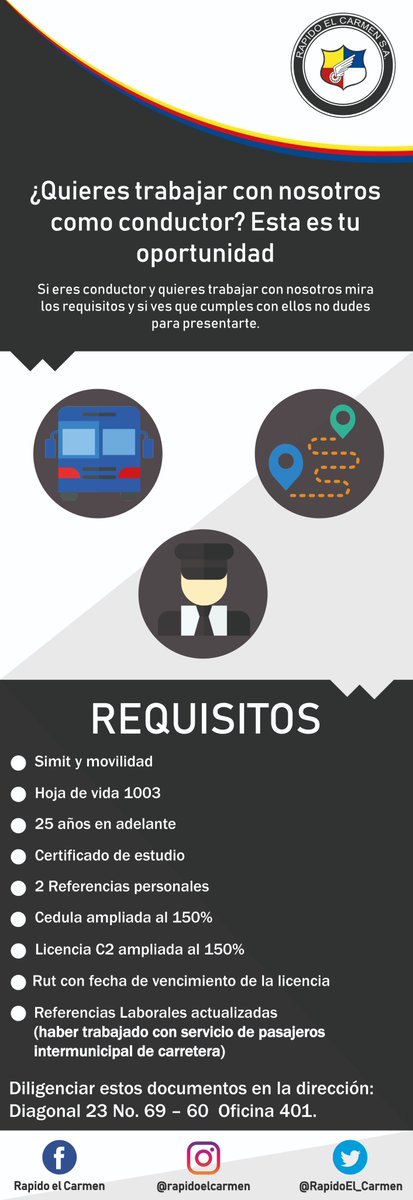 ¿Te gustaría trabajar con nosotros como conductor? Esta es tu oportunidad mira los requisitos y si ves que cumples con todos ellos no dudes en presentarte. 
#Colombia #empleo #trabajo #Bogota #Cundinamarca