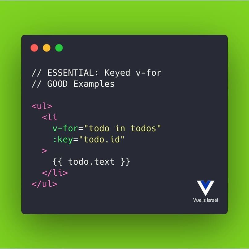 VueJSIsrael's tweet image. #tipoftheday Always use key with v-for.⠀
It is required as a good practice to maintain internal component state down the subtree.
#vuejsisrael #vuejs