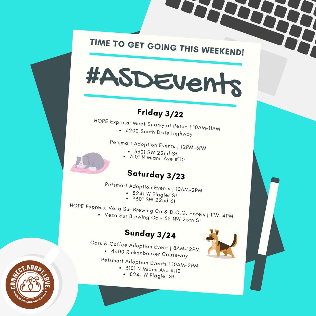 AdoptMiamiPets's tweet photo. We have an exciting weekend of #ASDEvents lined up this weekend! Make sure you stop by to meet the #ASDPets looking for their fur-ever homes! https://t.co/8I78OGiwtQ
