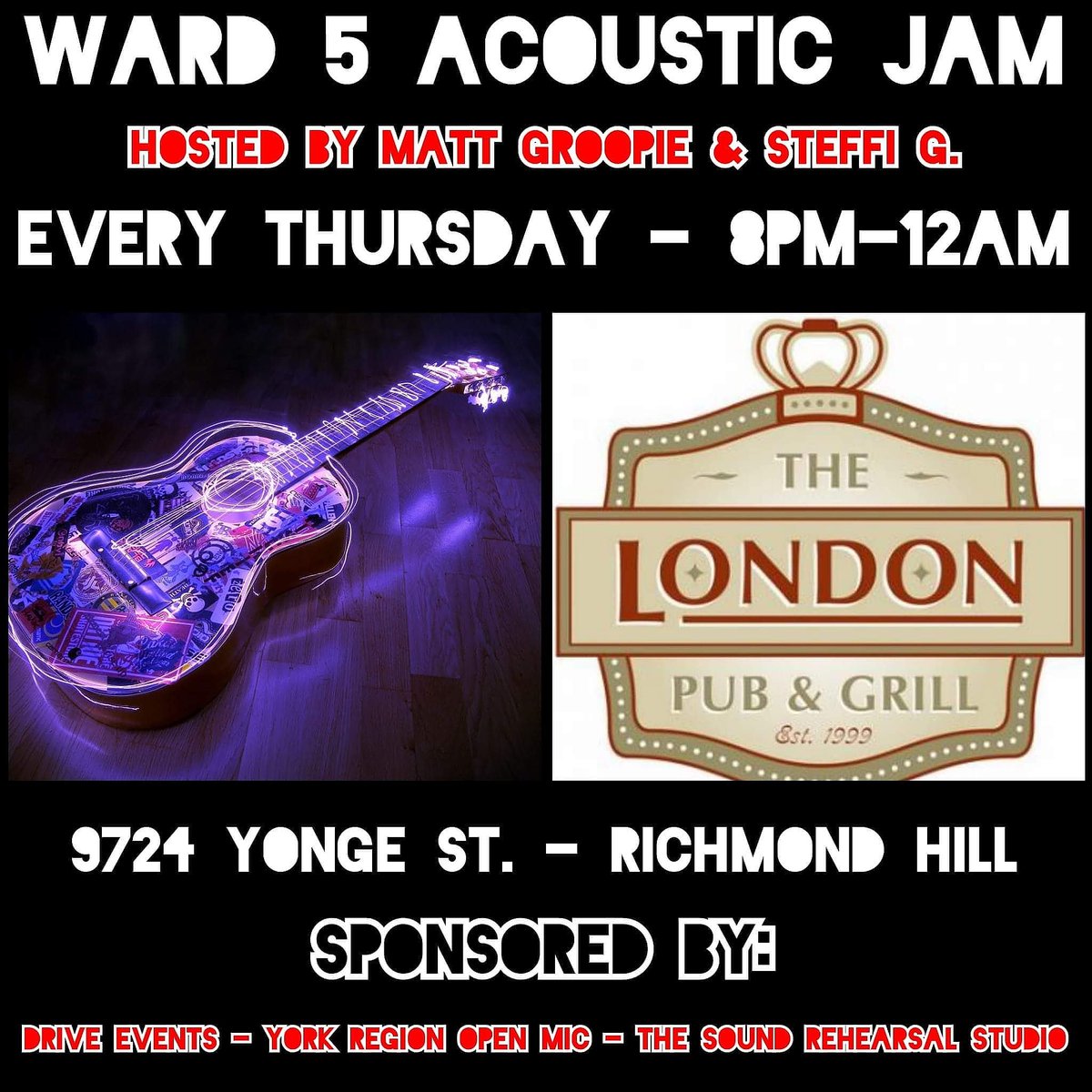 RHillLive's tweet photo. Tonight 
@
@LondonPubCo_ 
#RichmondHill

WARD 5 ACOUSTIC OPEN MIC!

8pm sign up

Presented by:
@driveevents247
@yropenmic 

#music #livemusic #Ontario #Canada @mattgroopie #Yorkregion #singer #acoustic #guitar #songwriter #RT #openmic #openjam @ward5bandits #newmusic https://t.co/9KOTrR0ejf