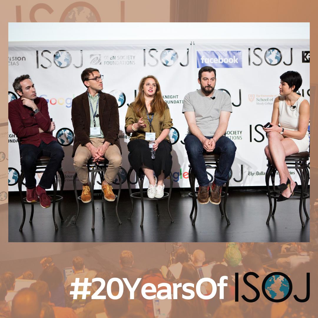 ISOJ2026's tweet photo. 🎂 #20YearsOfISOJ: Last year at #ISOJ2018, @zseward, @jeremybmerrill, @MFEOC, @jarroddicker and @miatramz talked about how they are using tools from the future to enhance, optimize and protect their stories. #ISOJArchives 🗄️ https://t.co/OPjWw7WsGf https://t.co/itChZNKjGQ