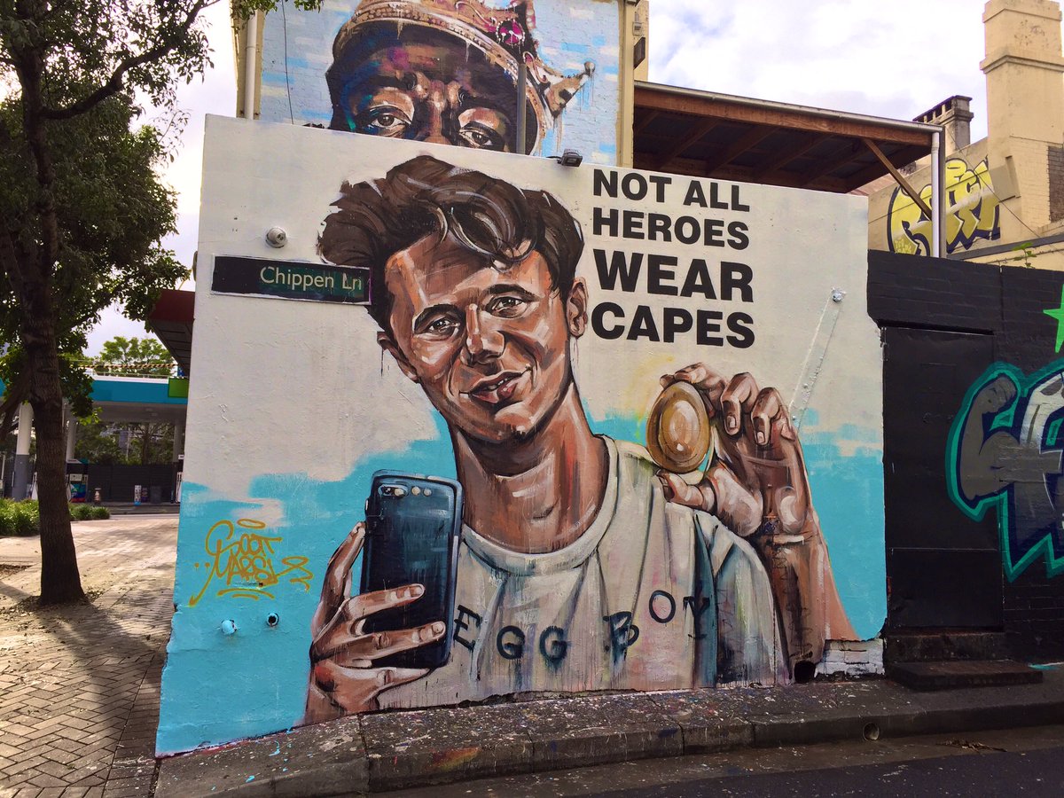 HeapsArt's tweet photo. Egg Boy mural in Chippendale, Sydney🥚📱👍 

#EggBoy #Australia #EggBoyHero #SydneyMural #ScottMarsh #theLordGladstone #streetart #PrayforChristchurch https://t.co/ZOyUsgA7lw