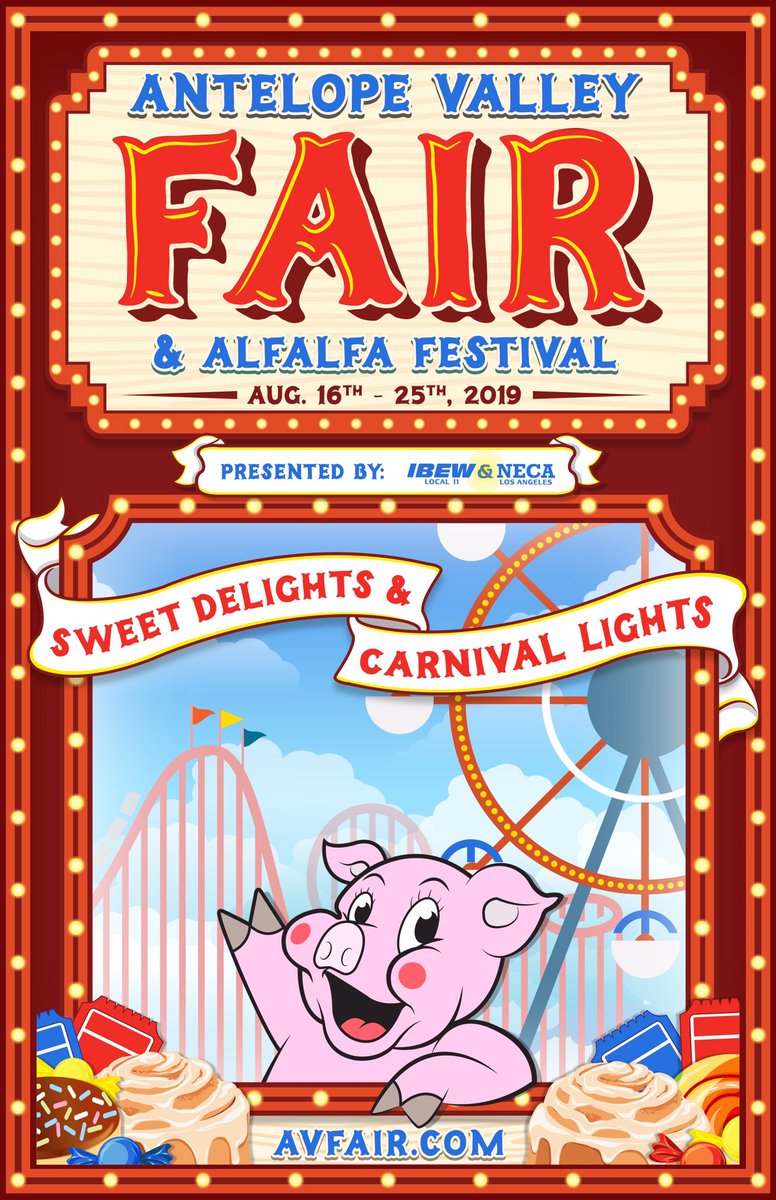 AVFairgrounds's tweet photo. Mark your calendars for the 81st Annual Antelope Valley Fair & Alfalfa Festival!!🎡
Sweet Delights & Carnival Lights✨
August 16 – 25, 2019
Be sure to follow us on Facebook, Instagram, and Twitter for Fair announcements coming very soon!
VERY SOON👀
#SoFairSoSweet #AVFair2019 https://t.co/GRnrNdAznb