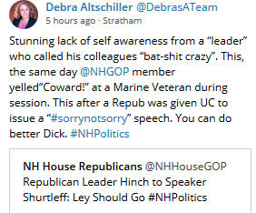 Conservativeind's tweet photo. Priceless coming from one of the violent #AssaultReps in #NHHouse whose colleague told a Marine Vet to "Shut the F*ck Up" during a hearing last year. AltSCHILLer is one of the reps who has MADE the house more derisive and divisive #NHPolitics https://t.co/aiUBBgQgzF
