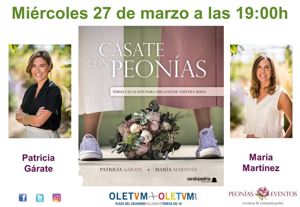 Oletvm's tweet photo. El miércoles, 27 a las 19:00h estarán en Oletvm Patricia y María, creadoras de @peoniaseventos presentando su libro "Cásate con peonías". 

Todas las claves para la organización de vuestra boda con los mejores consejos de los proveedores más top en el mundo nupcial. https://t.co/jTZmpxpuuS