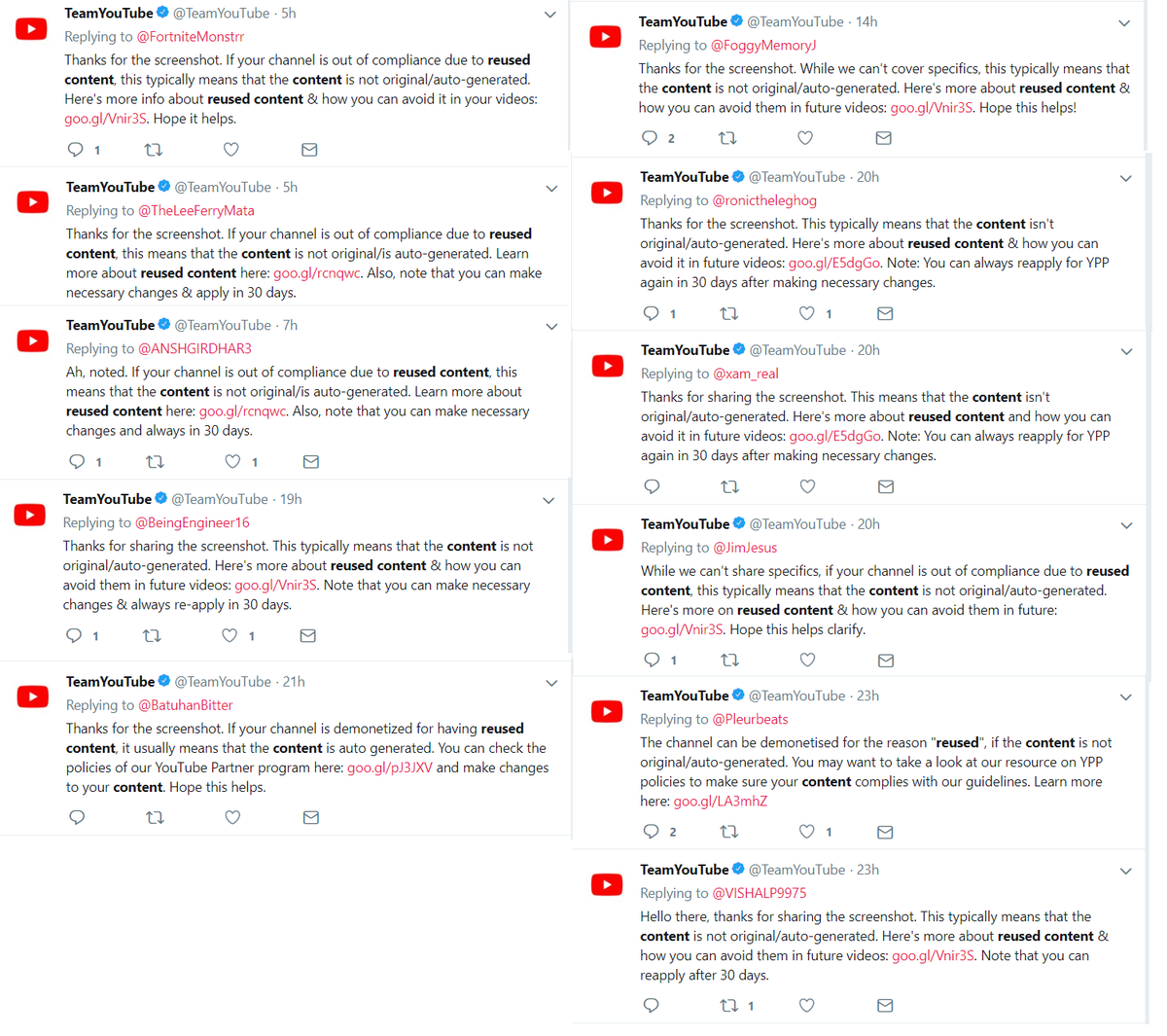 Reusedcontent's tweet photo. @ronictheleghog @TeamYouTube Man, don't expect too much help from them. That's how Youtube "helped" all the creators who asked questions about this problem today... https://t.co/g6CuW9wwhi