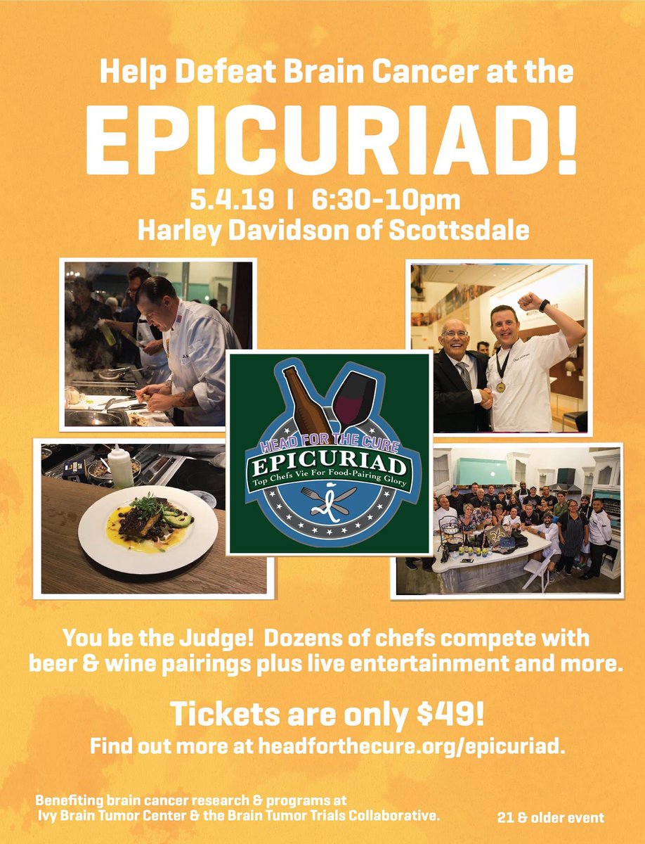 HeadfortheCure's tweet photo. PHOENIX - Who's excited about the Epicuriad?  You be the judge for dozens of area chefs while raising funds for brain cancer research!  PURCHASE YOUR TICKETS TODAY! https://t.co/CaRBtvMJLY @IvyBrainCenter @Beer4Brains https://t.co/4HVOh7kUPc