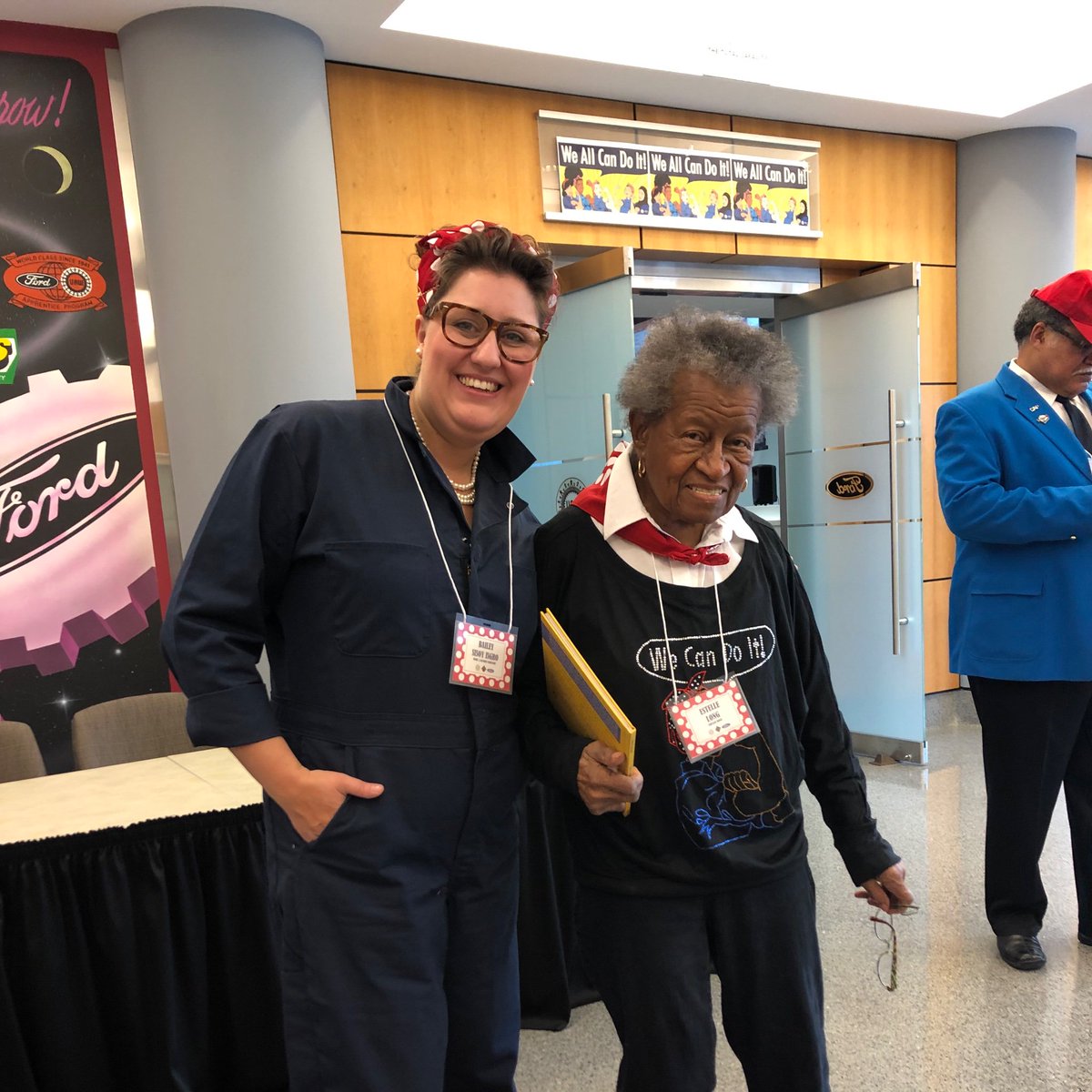 Detroit_Tours's tweet photo. Happy Rosie the Riveter Day! We are celebrating all day long with real life Rosie’s! This is Ms. Estelle, she worked 6 years making airplane  fuselages In Chicago. She said “I had a to Rivet the fuselage to be air tight, boy, did they check to make sure!” #RosieTheRiveter https://t.co/Q238RYacyU