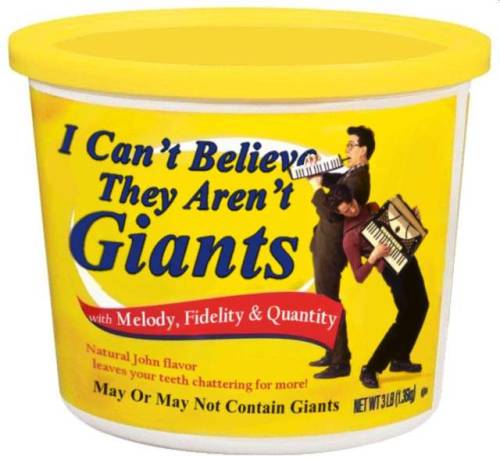 Margarine tin with the Johns edited on. Caption: May Or May Not Contain Giants.