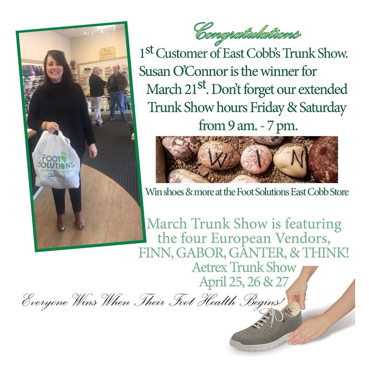 FootSolutionsGA's tweet photo. The Trunk Show at Foot Solutions East Cobb has begun! Stop by March 21-23 from 9am-7pm and Find The Finest European Footwear! https://t.co/Z0lOE4upKk