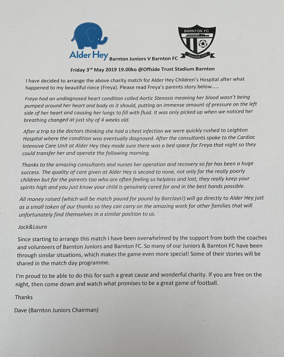💕Please read Dave’s story below💕
We’ve been overwhelmed as a club, with the support shown for this match in such a short period time from <a href="/barntonfc/">Barnton AFC</a> <a href="/MacronWrexham/">Macron Sports Hub NW</a> @CKProcoaching <a href="/creativeGTB/">Gareth Boldsworth</a> <a href="/AlderHeyCharity/">Alder Hey Children’s Charity</a> #Percy’s Autos <a href="/BellIngram/">Bell Ingram</a> to name a few 🙌🏻🙌🏻🙌🏻.