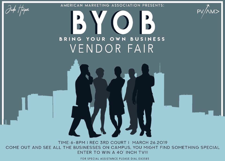 giodtx's tweet photo. Come out to the Bring Your Own Business event on March 26th hosted by the American Marketing Association from 6-8pm in the Rec Center. Campus businesses will be attending the event to sell and offer different services, come out and network with your fellow panthers! #PVAMA https://t.co/t3btE0wNBN