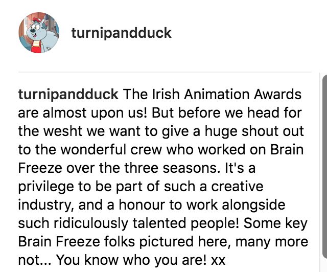 Turnip + Duck (@turnipandduck) on Twitter photo Here are some of the amazing people who made our show Brain Freeze come to life! You are all legends! 🤩 Brain Freeze is up for two awards at this year's <a href="/IrishAnimAwards/">IrishAnimationAwards</a>, Best VFX and Kids' Choice Best Series! #IrishAnimation #WorldPuppetryDay #TheCraic Here are some of the amazing people who made our show Brain Freeze come to life! You are all legends! 🤩 Brain Freeze is up for two awards at this year's <a href="/IrishAnimAwards/">IrishAnimationAwards</a>, Best VFX and Kids' Choice Best Series! #IrishAnimation #WorldPuppetryDay #TheCraic
