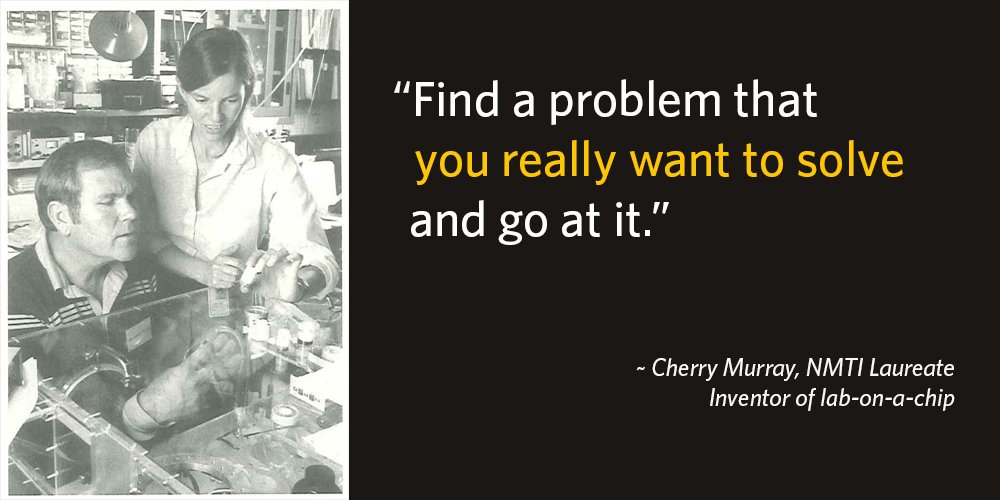 black and white photo of two people in a lab - a man sitting and a woman standing (Cherry Murray). To the right is her quote "find a problem that you really want to solve and go at it." 