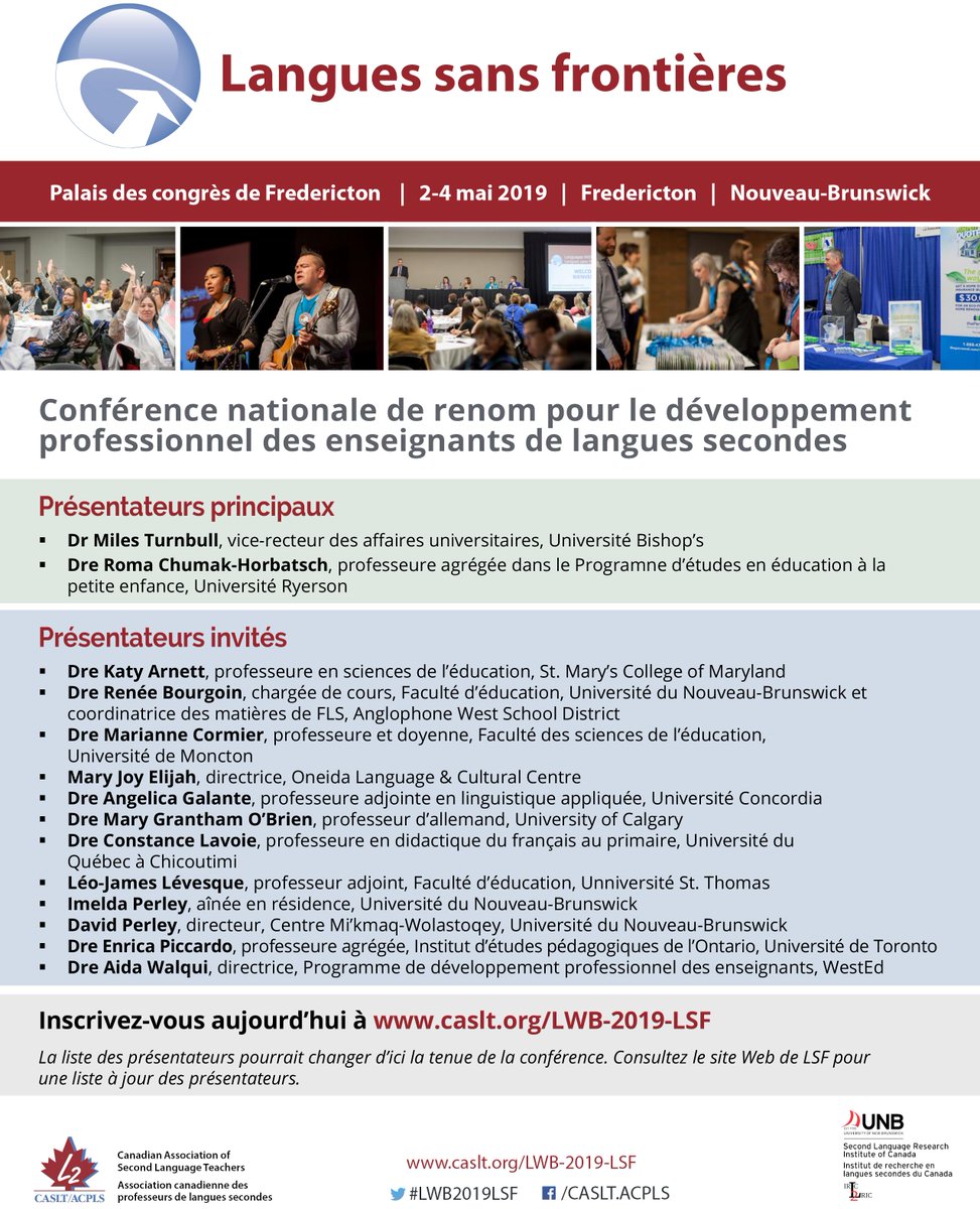CASLT_ACPLS's tweet photo. Nous sommes heureux d'annoncer deux nouveaux présentateurs invités pour la la conf. #Langues sans frontières 2019 qui se tiendra à #Fredericton, N-B, du 2 au 4 mai. Pour liste complète des présentateurs, consultez https://t.co/8NaktW5CX1  #LWB2019LSF #enseignement #langueseconde https://t.co/9PQvy7FoIl